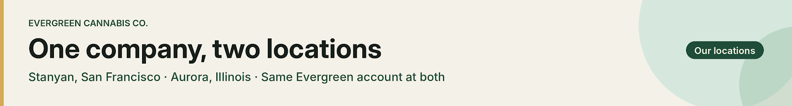 One company, two locations — Stanyan (San Francisco) and Aurora (Illinois). Same Evergreen account at both.